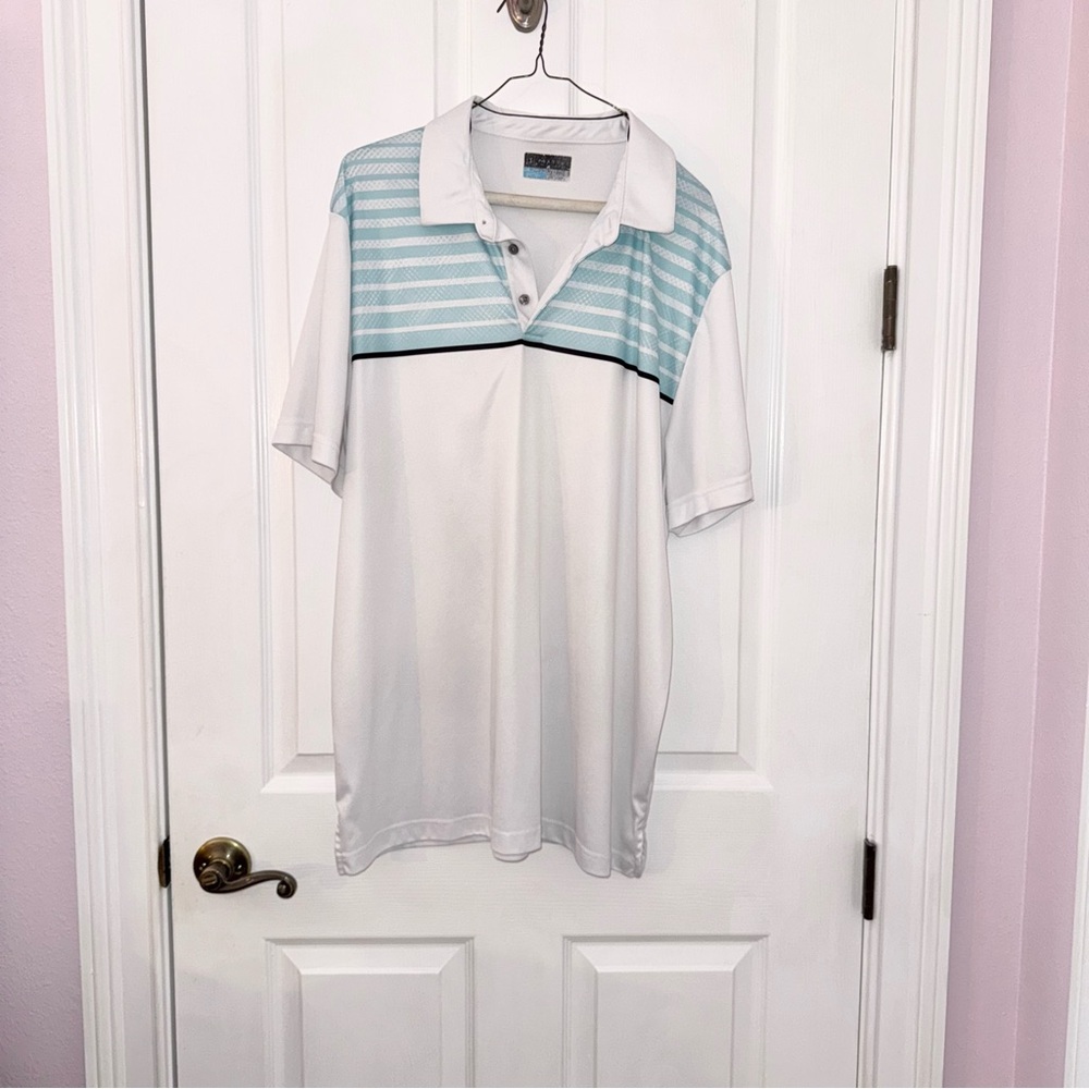 PGA Tour White and Blue Striped Collared Short Sleeve Polo Shirt 2XL